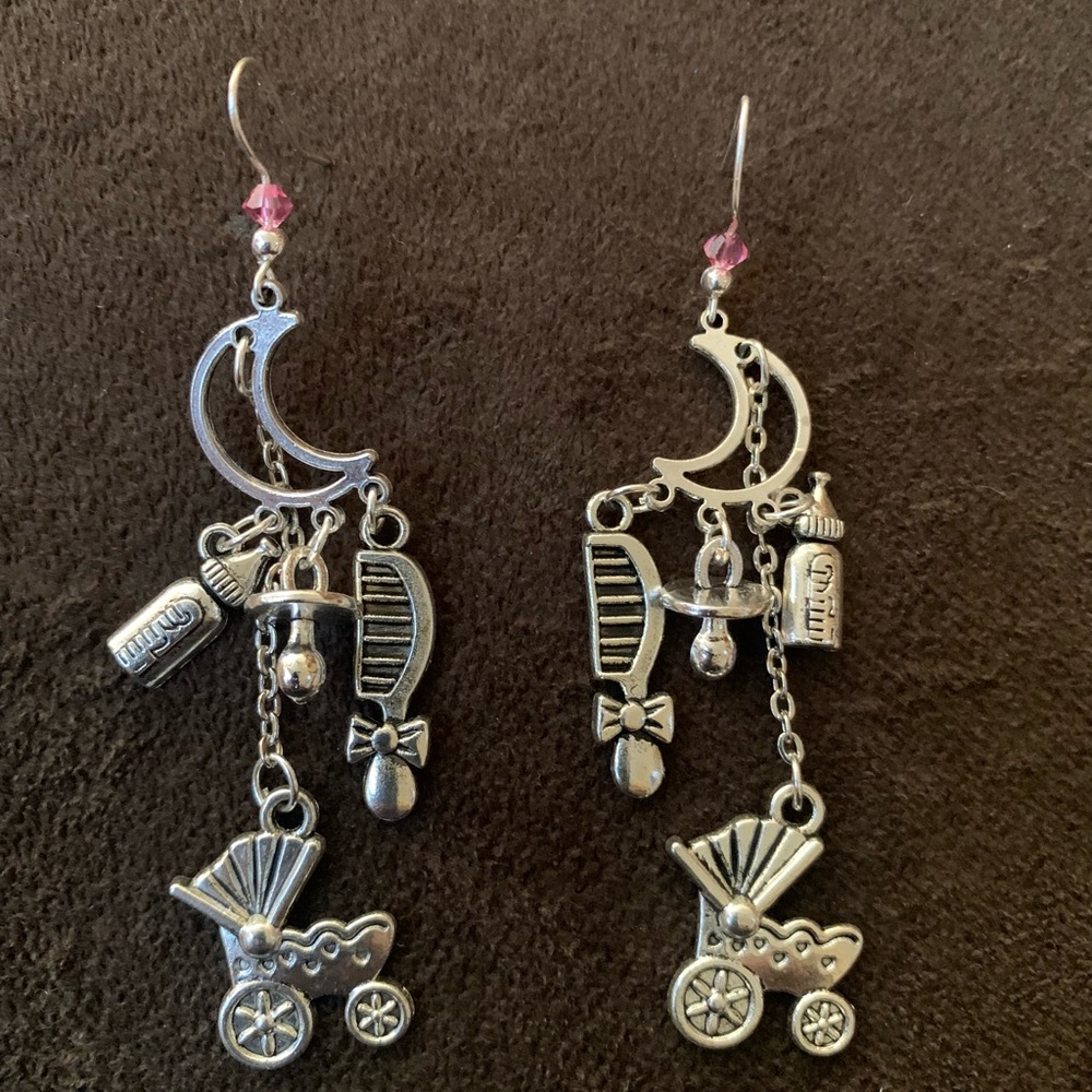 Baby Shower It’s A Girl! Silver Baby Charm Earrings
